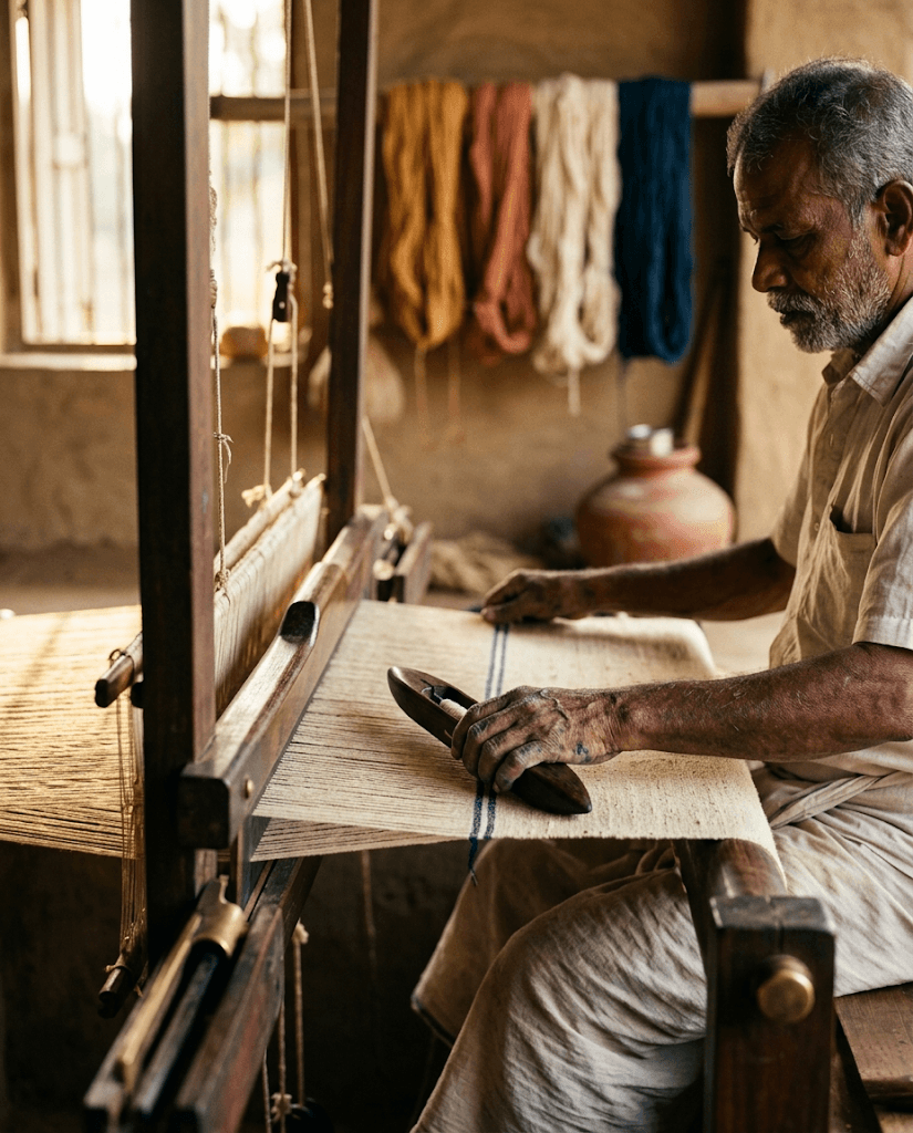 Handloom weaver at work in a sunlit village workshop